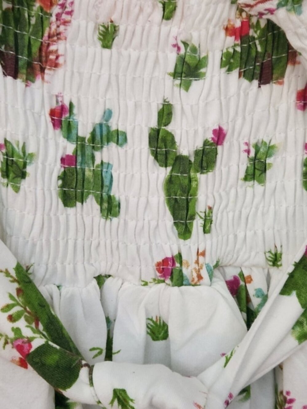 Think Pink Soft Green Cacti Floral White Dress w/Lace Hem&Shoulder, Size 8, NWT